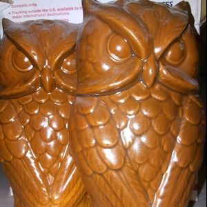 2 Glazed Vintage Ceramic Owl Figurines for Garden